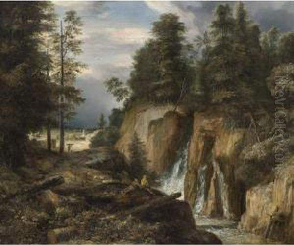 Rocky Landscape With A Waterfall And Two Figures Resting Oil Painting by Roelandt Roghmann