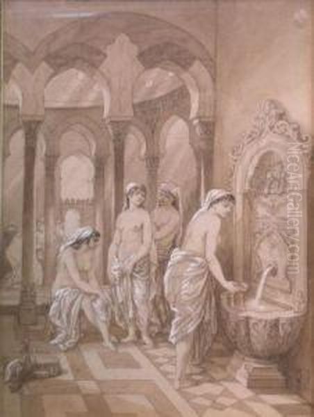 Harem Bathing Scene Oil Painting by Camille Rogier