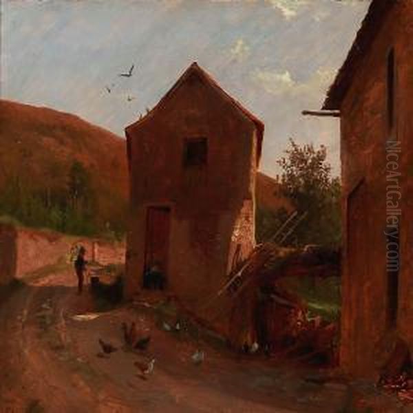 Southern Landscape With A Pair Of Houses Near A Road Oil Painting by Frederik Niels M. Rohde