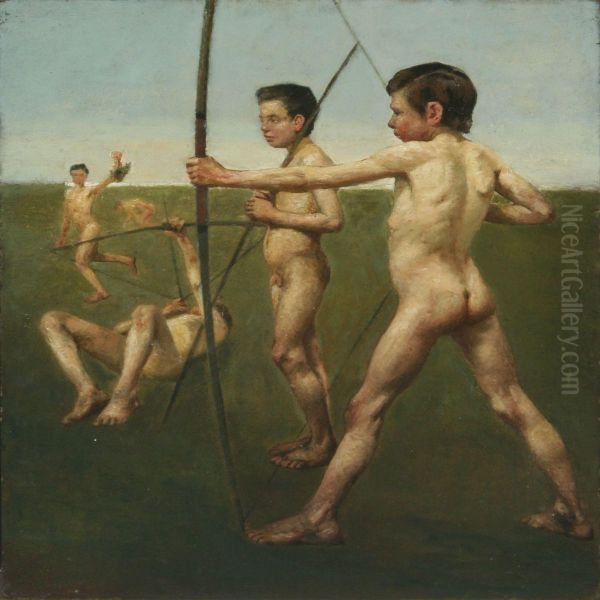 Young Naked Archers,recto And Interior With Playing Trio, Verso Oil Painting by Johan Rohde