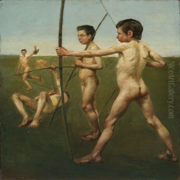 Young Naked Archers, Recto And Interior With Playing Trio,verso Oil Painting by Johan Rohde