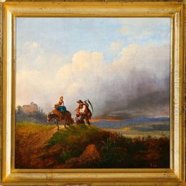 Italian Mountainlandscape With A Woman On A Donkey Oil Painting by Johan Frederik Rohde