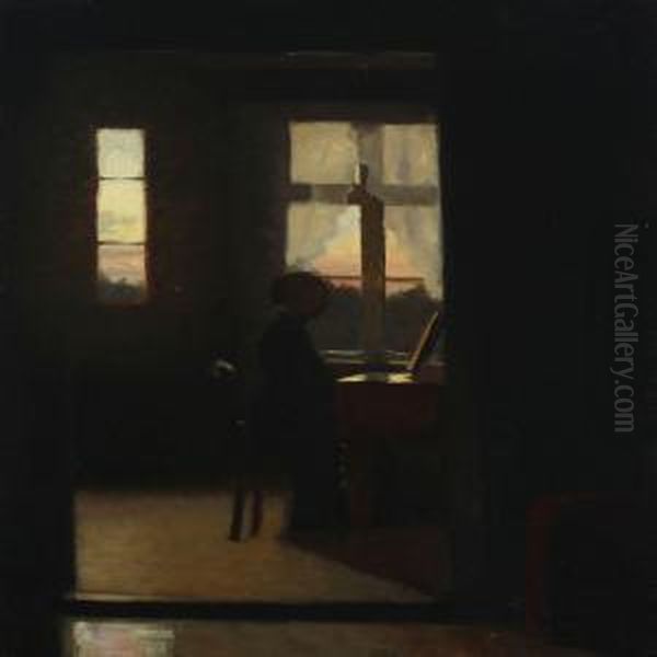 Interior With A Young Girl Playing The Piano Oil Painting by Johan Gudmann Rohde