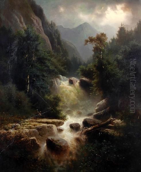 Waterfall In A Mountain Landscape With Figurebefore Oil Painting by C. Rohnfeld