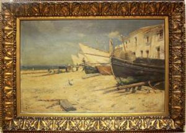 Barcas En La Costa Oil Painting by Joan Roig Soler