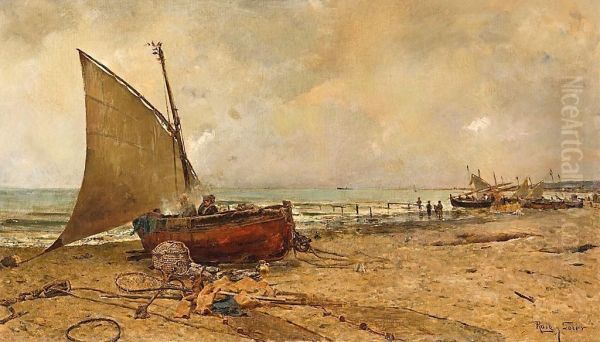 Barcas En La Playa Oil Painting by Joan Roig Soler