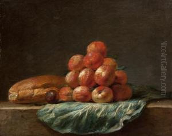 Still Life With Loaf Of Bread, A Plum And Peaches Oil Painting by Henri-Horace Roland de la Porte