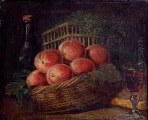 Nature Morte De Peches A La Bouteille Et Au Verre De Vin Oil Painting by Henri-Horace Roland de la Porte