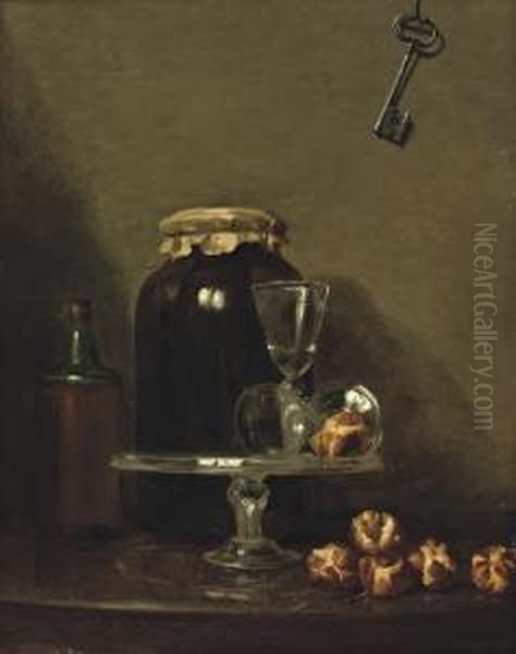 Two Wine Glasses On A Glass Dish, Rolls Of Bread, A Glass Vessel And A Bottle On A Stone Ledge, A Key Hanging From A Wall Above Oil Painting by Henri-Horace Roland de la Porte