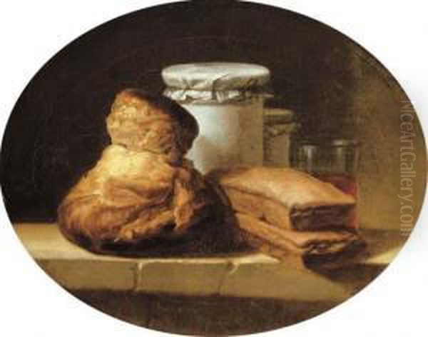 A Brioche, Two Pastries, Two Covered Jars And A Glass Of Red Wineon A Stone Ledge Oil Painting by Henri-Horace Roland de la Porte