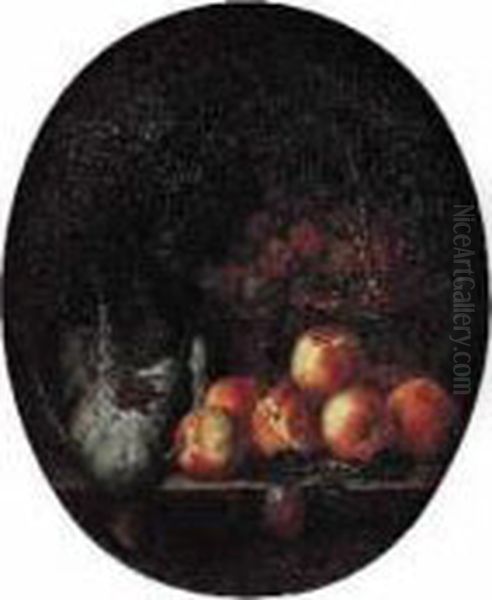 Nature Morte Au Panier De Prunes, Peches Et Canard Sur Un
 Entablement Oil Painting by Henri-Horace Roland de la Porte