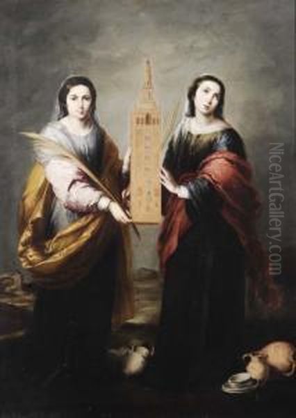 Coppia Di Sante Con Modellino Di Campanile Oil Painting by Jose Roldan Y Martinez