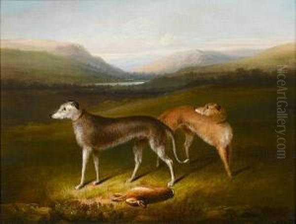 Irish Wolf Hounds In A Landscape Oil Painting by Alexander F. Rolfe