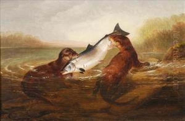 Otterstaking A Salmon Oil Painting by Henry Leonidas Rolfe