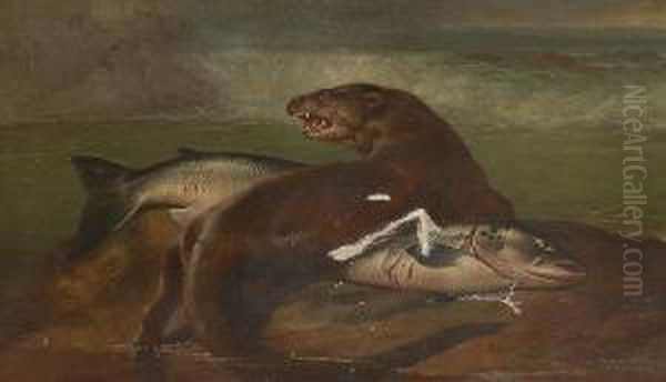 An Otter With A Recently Caught Salmon Oil Painting by Henry Leonidas Rolfe