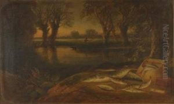 Still Life Of Fish And Creel On The Banks Of A River Oil Painting by H.L. Rolfe