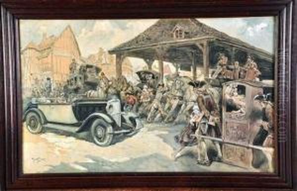 l'arrivee De L'automobile Au Village Oil Painting by George Conrad Roller