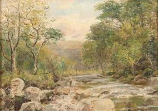 Woodland Scene With Fisherman by Henry Rollet