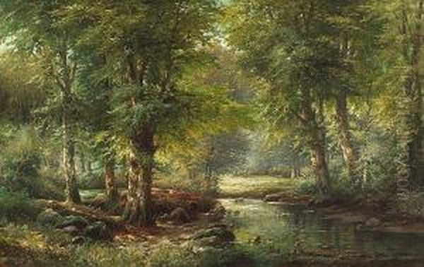 A Wooded River Landscape Oil Painting by J. Rollier