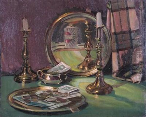 Still Life Of Brass Objects; Still Life Of Porcelain Oil Painting by Sunderland Rollinson