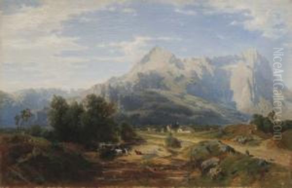 Veduta Di Garmish Parten Kirchen Con Il Massiccio Dello Zugsplitz - 1857 Oil Painting by Julius Rollmann