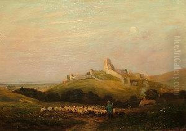 Shepherd And His Flock With Corfe Castle Beyond Oil Painting by Vivian Rolt