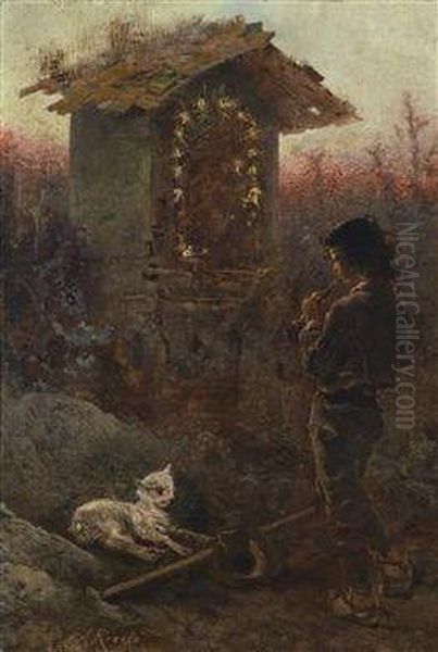 Italian Shepherd Boy By A Wayside Shrine Oil Painting by Anton Romako