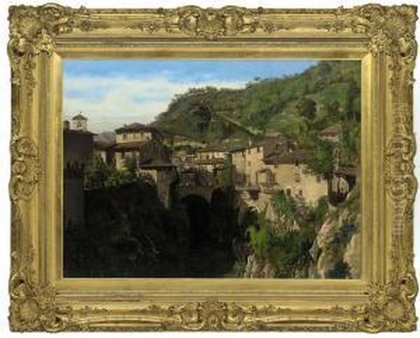 An Italian Hillside Town Oil Painting by Max W. Roman