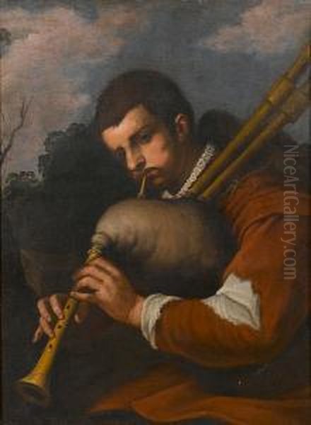 A Boy Playing The Bagpipes Oil Painting by Giuseppe Romani