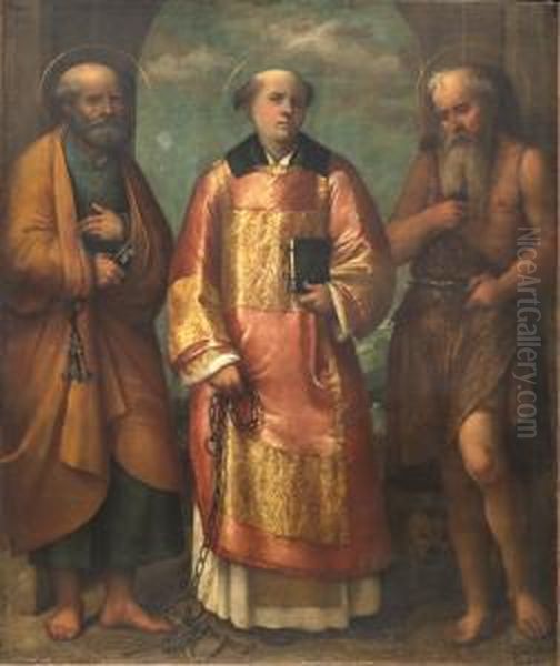 I Santi Pietro,leonardo E Gerolamo Oil Painting by Girolamo Romanino