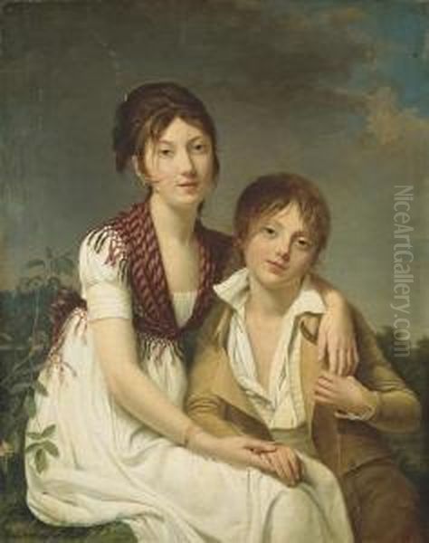 Portrait D'amelie-justine Et De Charles-edouard Pontois Oil Painting by Adele Romany