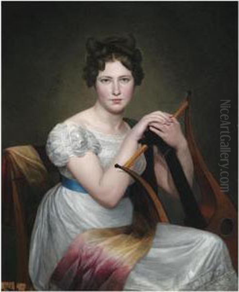 Portrait Of A Young Lady, Seated, In A White Dress, Holding Alyre Oil Painting by Adele Romanee Romany