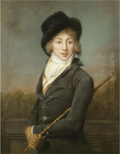 A Portrait Of Auguste Vestris, Half Length, Wearing A Grey Coat And A Fur Hat Oil Painting by Adele Romanee Romany