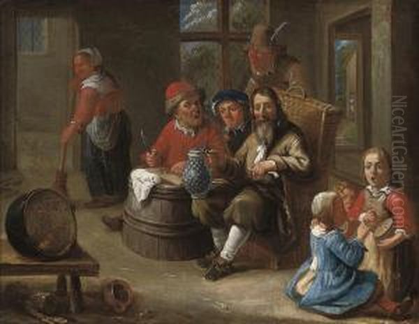 Peasants Smoking And Drinking With Children Making Music And An Old Woman In An Interior Oil Painting by Adriaen Rombouts