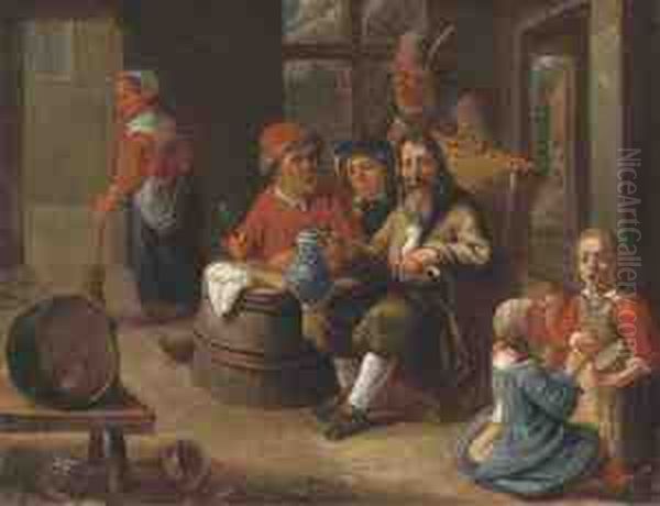 Peasants Smoking And Drinking With Children Making Music Oil Painting by Adriaen Rombouts