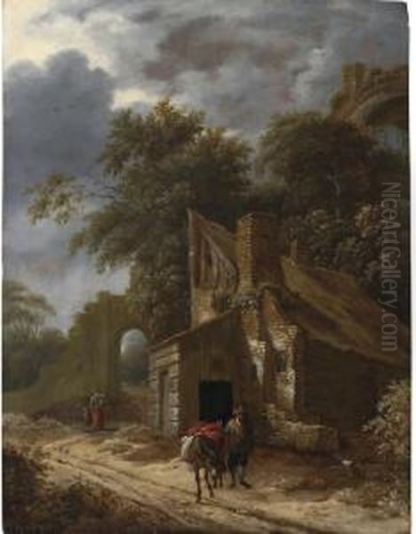 A Muleteer On A Track With Cottages And A Ruin Beyond Oil Painting by Gillis Rombouts