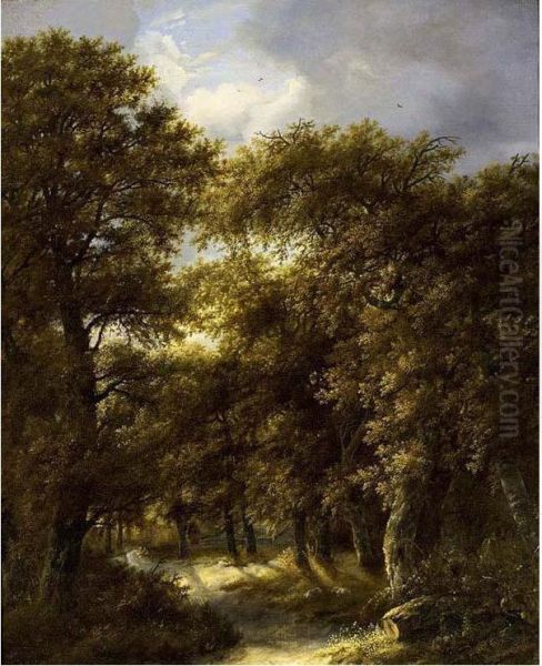 A Wooded Landscape With Two Shepherds Resting On A Path With A Flock Of Sheep In The Foreground Oil Painting by Gillis Rombouts