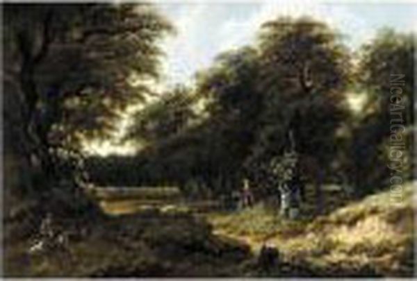 A Wooded Landscape With Huntsmen On A Path, Figures Resting In A Clearing In The Foreground Oil Painting by Gillis Rombouts