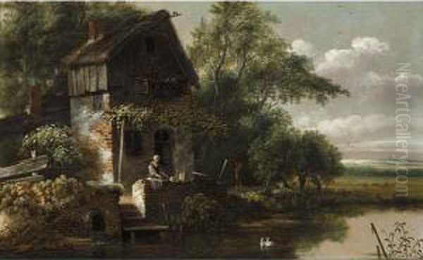 A River Landscape With A Laundry Maid Before A Cottage Oil Painting by Gillis Rombouts