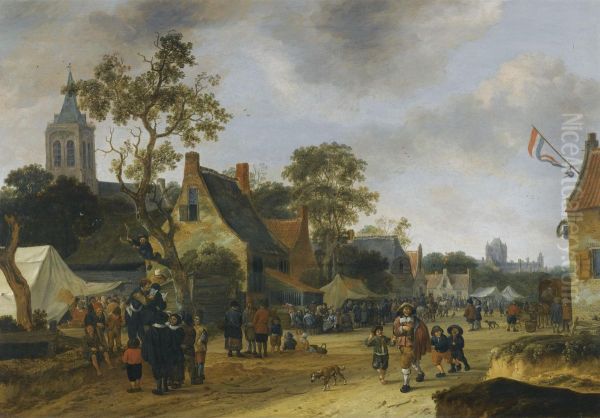 A Village Kermesse With Numerous Figures And Market Stalls Oil Painting by Salomon Rombouts