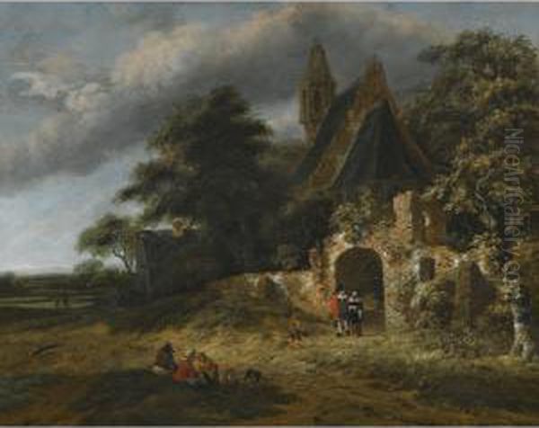 A Landscape With Figures Outside The Walls Of A Ruined Church Oil Painting by Salomon Rombouts