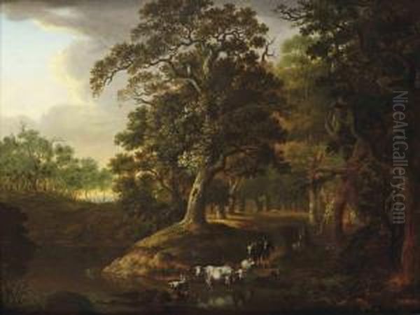 A Wooded Landscape With A Herdsman Watering His Cattle Near Astream Oil Painting by Salomon Rombouts