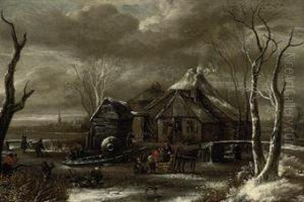 A Winter Landscape With Figures Chopping Wood And Sleighing On Afrozen River Near An Inn Oil Painting by Salomon Rombouts