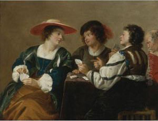 A Woman And Three Men Seated Around A Table Playing Cards Oil Painting by Salomon Rombouts