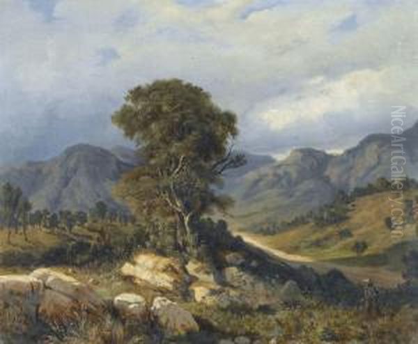 Jager Mit Hund In Felsiger Landschaft Oil Painting by Jean-Baptiste Romegas