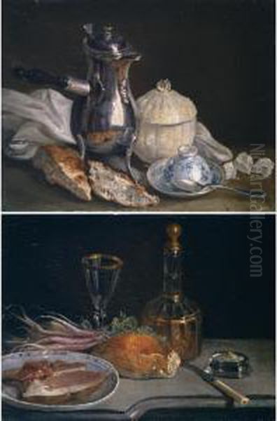 Still Life Of A Chocolatier With A Porcelain Cup And Saucer, Spoon, A Sucrier, Sweets, Pastries And A Cloth Arranged Upon A Table-top Oil Painting by Juan Bautista Romero