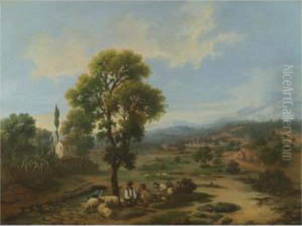 Paisaje Andaluz Con Pastores (andalusian Landscape Withshepherds) Oil Painting by Rafael Romero Y Barros