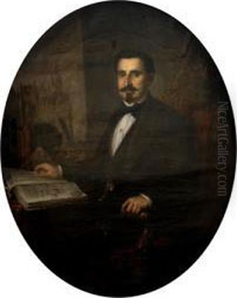 Retrato De Abogado Con Sevilla Al Fondo Oil Painting by Jose Maria Romero Y Lopes