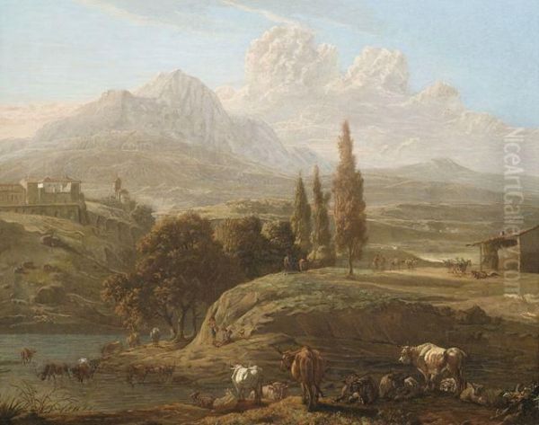 Weite Italienische Landschaft Mit Hirten Und Vieh An Einem Fluss In Den Abruzzen Bei Penne, Im Hintergrund Der Gran Sasso Oil Painting by Willem Romeyn