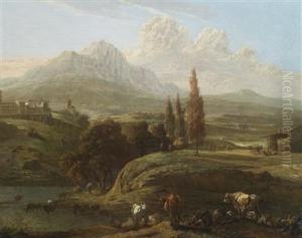 Shepherds With Animals On The Banks Of A River In The Abruzzo Region Near Penne Oil Painting by Willem Romeyn